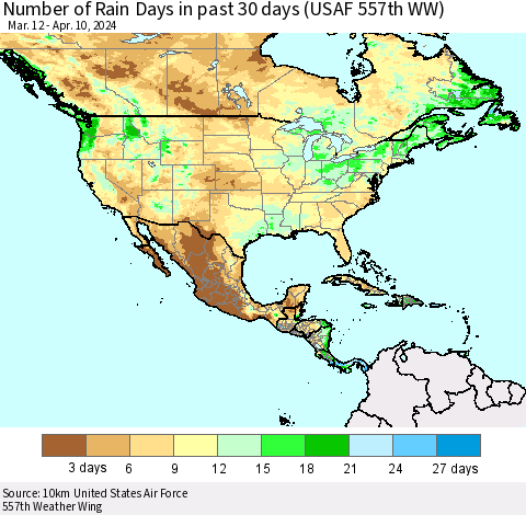 North America Number of Rain Days in past 30 days (USAF 557th WW) 04/10/2024 Thematic Map For 4/6/2024 - 4/10/2024