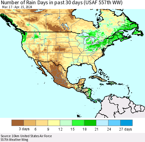 North America Number of Rain Days in past 30 days (USAF 557th WW) 04/15/2024 Thematic Map For 4/11/2024 - 4/15/2024