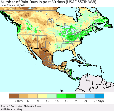 North America Number of Rain Days in past 30 days (USAF 557th WW) 04/20/2024 Thematic Map For 4/16/2024 - 4/20/2024