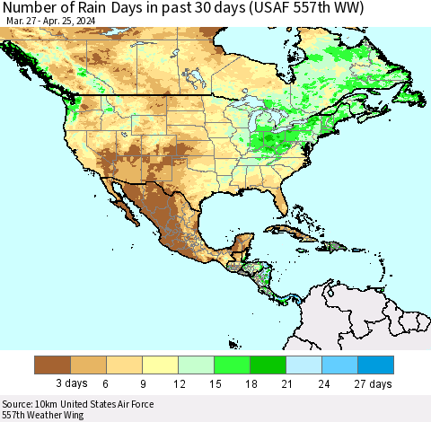 North America Number of Rain Days in past 30 days (USAF 557th WW) 04/25/2024 Thematic Map For 4/21/2024 - 4/25/2024