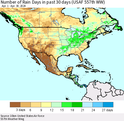 North America Number of Rain Days in past 30 days (USAF 557th WW) 04/30/2024 Thematic Map For 4/26/2024 - 4/30/2024