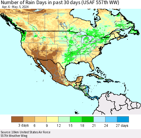 North America Number of Rain Days in past 30 days (USAF 557th WW) 05/05/2024 Thematic Map For 5/1/2024 - 5/5/2024
