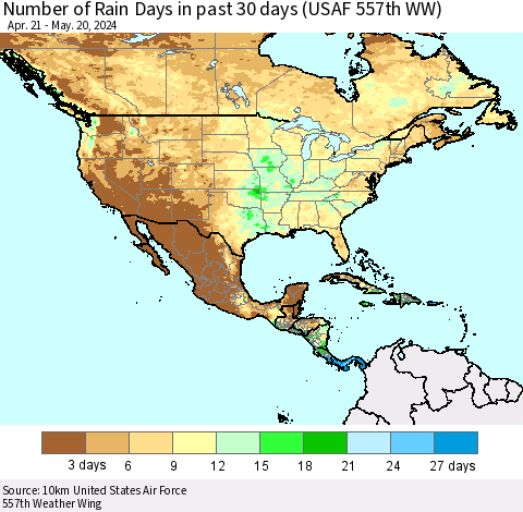 North America Number of Rain Days in past 30 days (USAF 557th WW) Thematic Map For 5/16/2024 - 5/20/2024