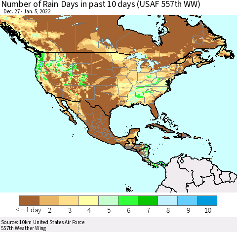 North America Number of Rain Days in past 10 days (USAF 557th WW) Thematic Map For 1/1/2022 - 1/5/2022
