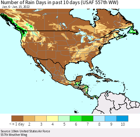North America Number of Rain Days in past 10 days (USAF 557th WW) Thematic Map For 1/11/2022 - 1/15/2022