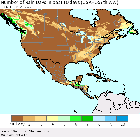 North America Number of Rain Days in past 10 days (USAF 557th WW) Thematic Map For 1/16/2022 - 1/20/2022