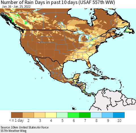 North America Number of Rain Days in past 10 days (USAF 557th WW) Thematic Map For 1/21/2022 - 1/25/2022