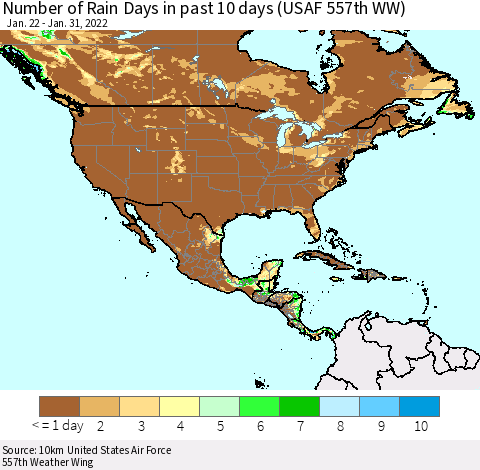 North America Number of Rain Days in past 10 days (USAF 557th WW) Thematic Map For 1/26/2022 - 1/31/2022