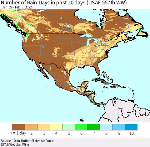 North America Number of Rain Days in past 10 days (USAF 557th WW) Thematic Map For 2/1/2022 - 2/5/2022