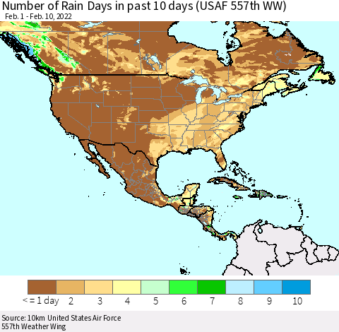 North America Number of Rain Days in past 10 days (USAF 557th WW) Thematic Map For 2/6/2022 - 2/10/2022