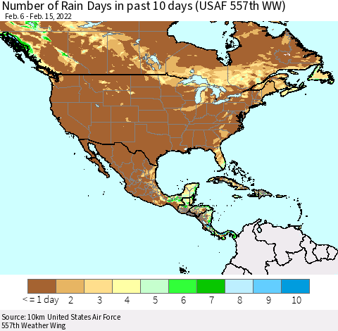 North America Number of Rain Days in past 10 days (USAF 557th WW) Thematic Map For 2/11/2022 - 2/15/2022
