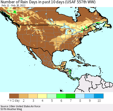 North America Number of Rain Days in past 10 days (USAF 557th WW) Thematic Map For 2/16/2022 - 2/20/2022