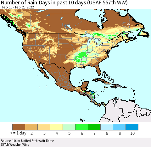 North America Number of Rain Days in past 10 days (USAF 557th WW) Thematic Map For 2/21/2022 - 2/25/2022