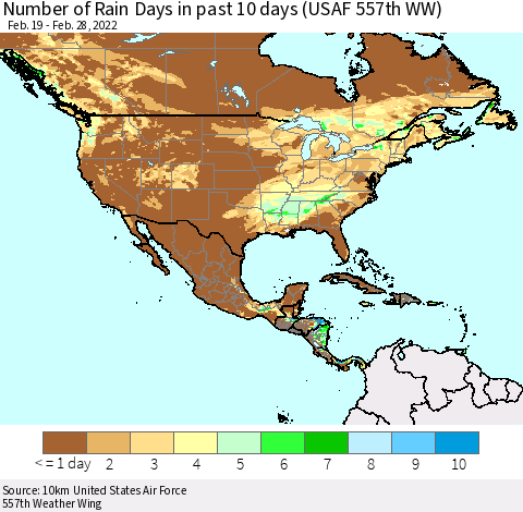 North America Number of Rain Days in past 10 days (USAF 557th WW) Thematic Map For 2/26/2022 - 2/28/2022