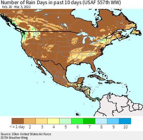 North America Number of Rain Days in past 10 days (USAF 557th WW) Thematic Map For 3/1/2022 - 3/5/2022