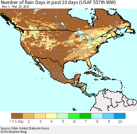 North America Number of Rain Days in past 10 days (USAF 557th WW) Thematic Map For 3/6/2022 - 3/10/2022