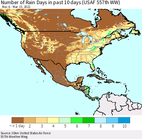 North America Number of Rain Days in past 10 days (USAF 557th WW) Thematic Map For 3/11/2022 - 3/15/2022