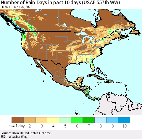 North America Number of Rain Days in past 10 days (USAF 557th WW) Thematic Map For 3/16/2022 - 3/20/2022