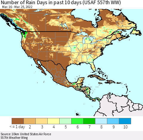 North America Number of Rain Days in past 10 days (USAF 557th WW) Thematic Map For 3/21/2022 - 3/25/2022