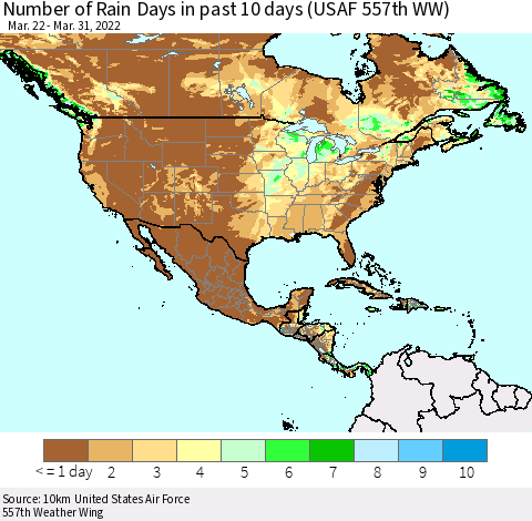North America Number of Rain Days in past 10 days (USAF 557th WW) Thematic Map For 3/26/2022 - 3/31/2022