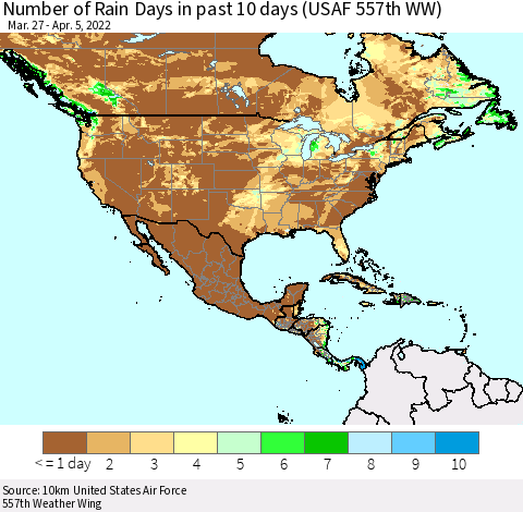 North America Number of Rain Days in past 10 days (USAF 557th WW) Thematic Map For 4/1/2022 - 4/5/2022