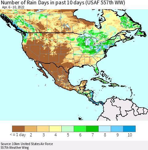 North America Number of Rain Days in past 10 days (USAF 557th WW) Thematic Map For 4/6/2022 - 4/10/2022