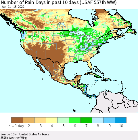 North America Number of Rain Days in past 10 days (USAF 557th WW) Thematic Map For 4/11/2022 - 4/15/2022