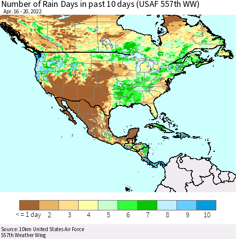 North America Number of Rain Days in past 10 days (USAF 557th WW) Thematic Map For 4/16/2022 - 4/20/2022