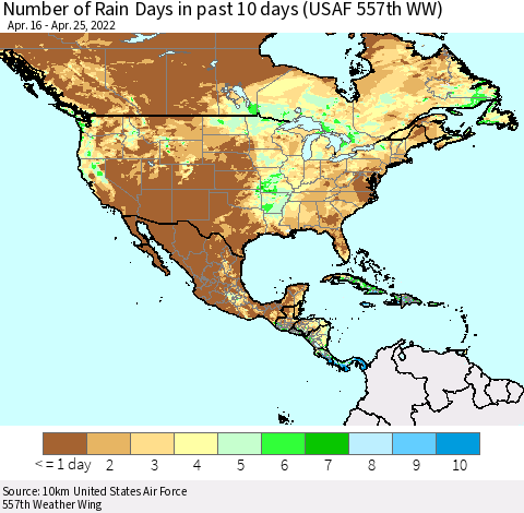 North America Number of Rain Days in past 10 days (USAF 557th WW) Thematic Map For 4/21/2022 - 4/25/2022