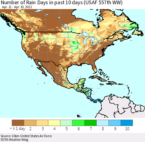North America Number of Rain Days in past 10 days (USAF 557th WW) Thematic Map For 4/26/2022 - 4/30/2022