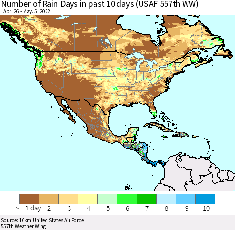 North America Number of Rain Days in past 10 days (USAF 557th WW) Thematic Map For 5/1/2022 - 5/5/2022