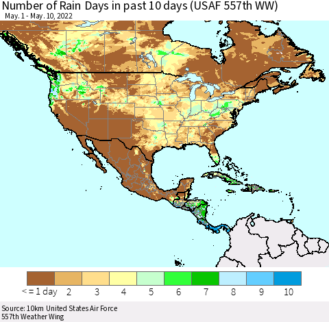 North America Number of Rain Days in past 10 days (USAF 557th WW) Thematic Map For 5/6/2022 - 5/10/2022