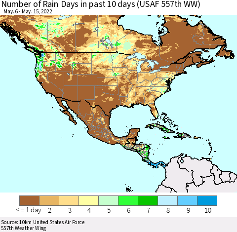 North America Number of Rain Days in past 10 days (USAF 557th WW) Thematic Map For 5/11/2022 - 5/15/2022