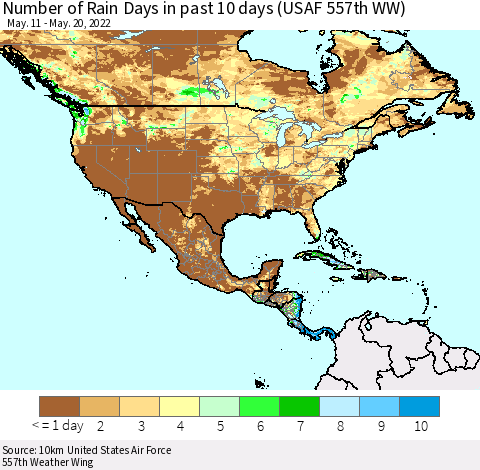 North America Number of Rain Days in past 10 days (USAF 557th WW) Thematic Map For 5/16/2022 - 5/20/2022