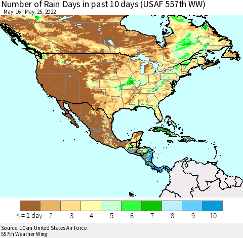 North America Number of Rain Days in past 10 days (USAF 557th WW) Thematic Map For 5/21/2022 - 5/25/2022