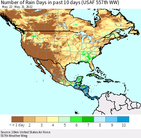 North America Number of Rain Days in past 10 days (USAF 557th WW) Thematic Map For 5/26/2022 - 5/31/2022