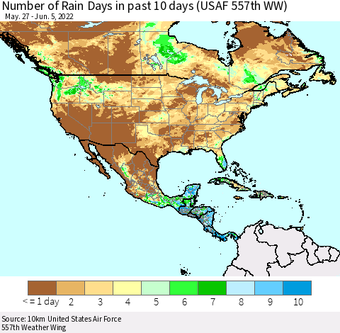 North America Number of Rain Days in past 10 days (USAF 557th WW) Thematic Map For 6/1/2022 - 6/5/2022