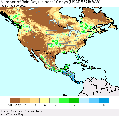 North America Number of Rain Days in past 10 days (USAF 557th WW) Thematic Map For 6/6/2022 - 6/10/2022
