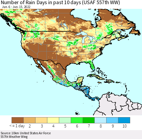 North America Number of Rain Days in past 10 days (USAF 557th WW) Thematic Map For 6/11/2022 - 6/15/2022