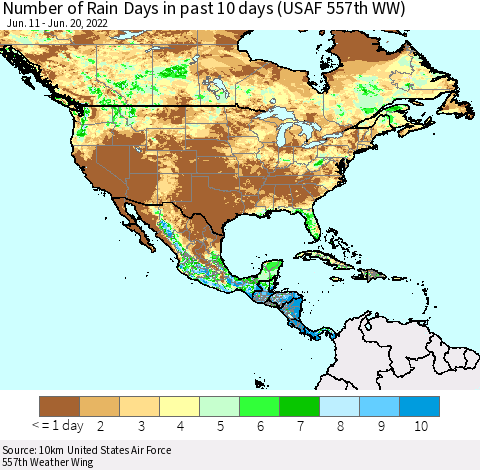 North America Number of Rain Days in past 10 days (USAF 557th WW) Thematic Map For 6/16/2022 - 6/20/2022