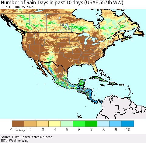 North America Number of Rain Days in past 10 days (USAF 557th WW) Thematic Map For 6/21/2022 - 6/25/2022