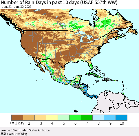 North America Number of Rain Days in past 10 days (USAF 557th WW) Thematic Map For 6/26/2022 - 6/30/2022