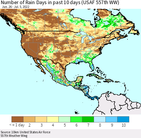 North America Number of Rain Days in past 10 days (USAF 557th WW) Thematic Map For 7/1/2022 - 7/5/2022