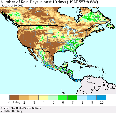 North America Number of Rain Days in past 10 days (USAF 557th WW) Thematic Map For 7/6/2022 - 7/10/2022