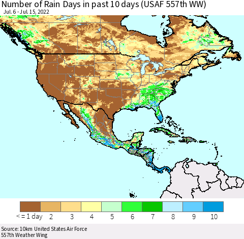 North America Number of Rain Days in past 10 days (USAF 557th WW) Thematic Map For 7/11/2022 - 7/15/2022