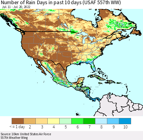 North America Number of Rain Days in past 10 days (USAF 557th WW) Thematic Map For 7/16/2022 - 7/20/2022