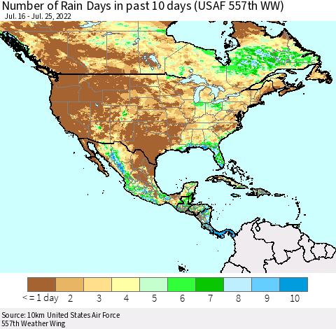 North America Number of Rain Days in past 10 days (USAF 557th WW) Thematic Map For 7/21/2022 - 7/25/2022