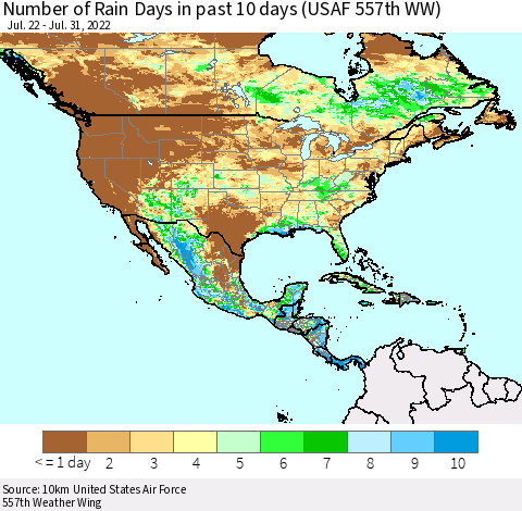 North America Number of Rain Days in past 10 days (USAF 557th WW) Thematic Map For 7/26/2022 - 7/31/2022