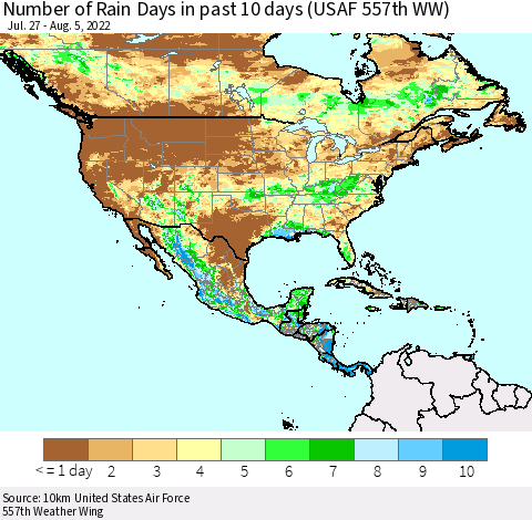 North America Number of Rain Days in past 10 days (USAF 557th WW) Thematic Map For 8/1/2022 - 8/5/2022