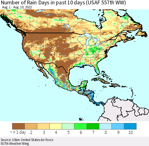 North America Number of Rain Days in past 10 days (USAF 557th WW) Thematic Map For 8/6/2022 - 8/10/2022